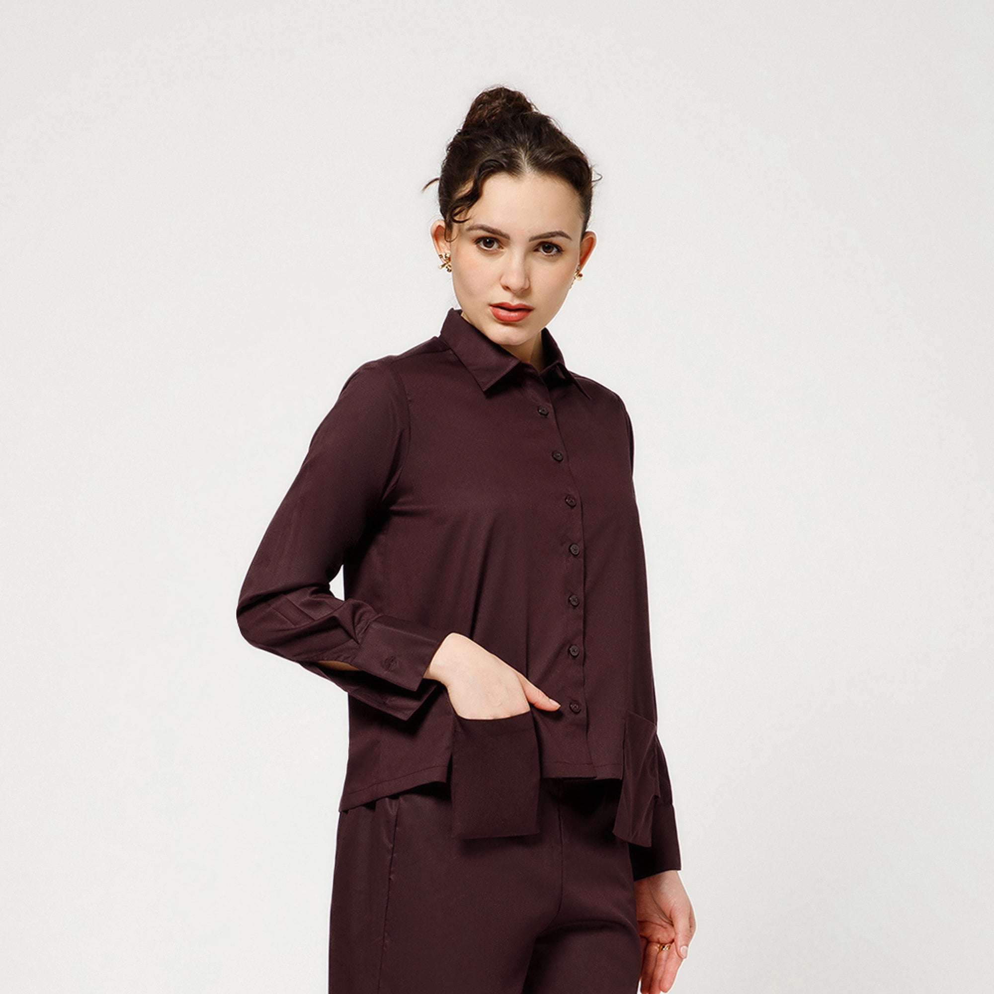 Prune Cotton Blend Boxy Shirt With Visible Pocket