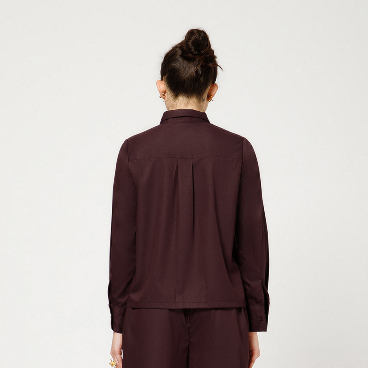 Prune Cotton Blend Boxy Shirt With Visible Pocket