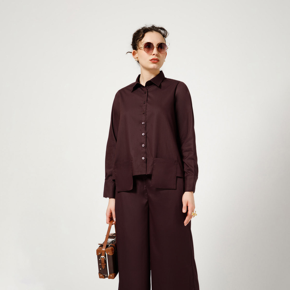 Prune Cotton Blend Boxy Shirt With Visible Pocket