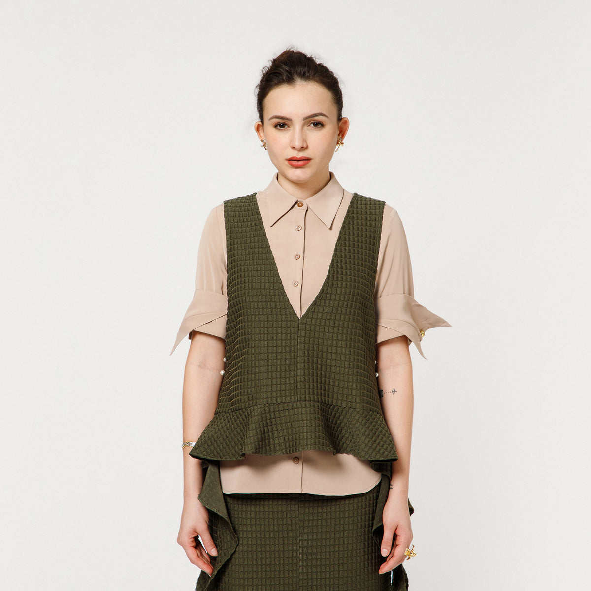 Olive Textured Shrug With Beige Shirt And Dramatic Cufflink