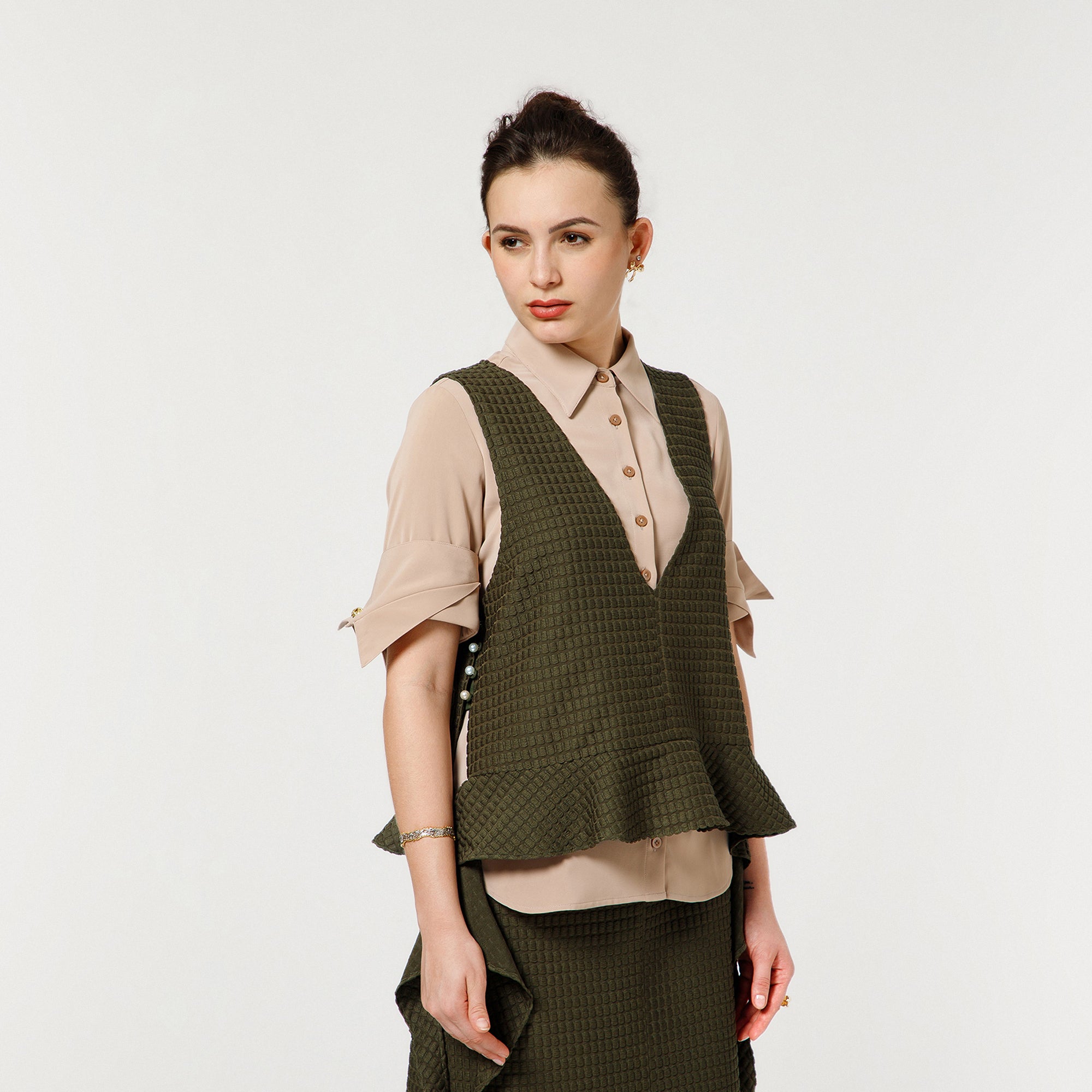 Olive Textured Shrug With Beige Shirt And Dramatic Cufflink