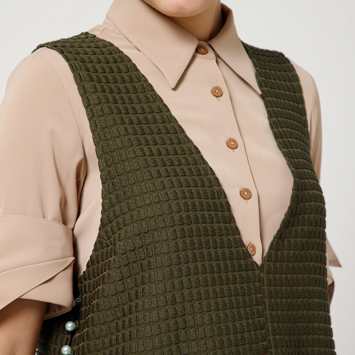 Olive Textured Shrug With Beige Shirt And Dramatic Cufflink
