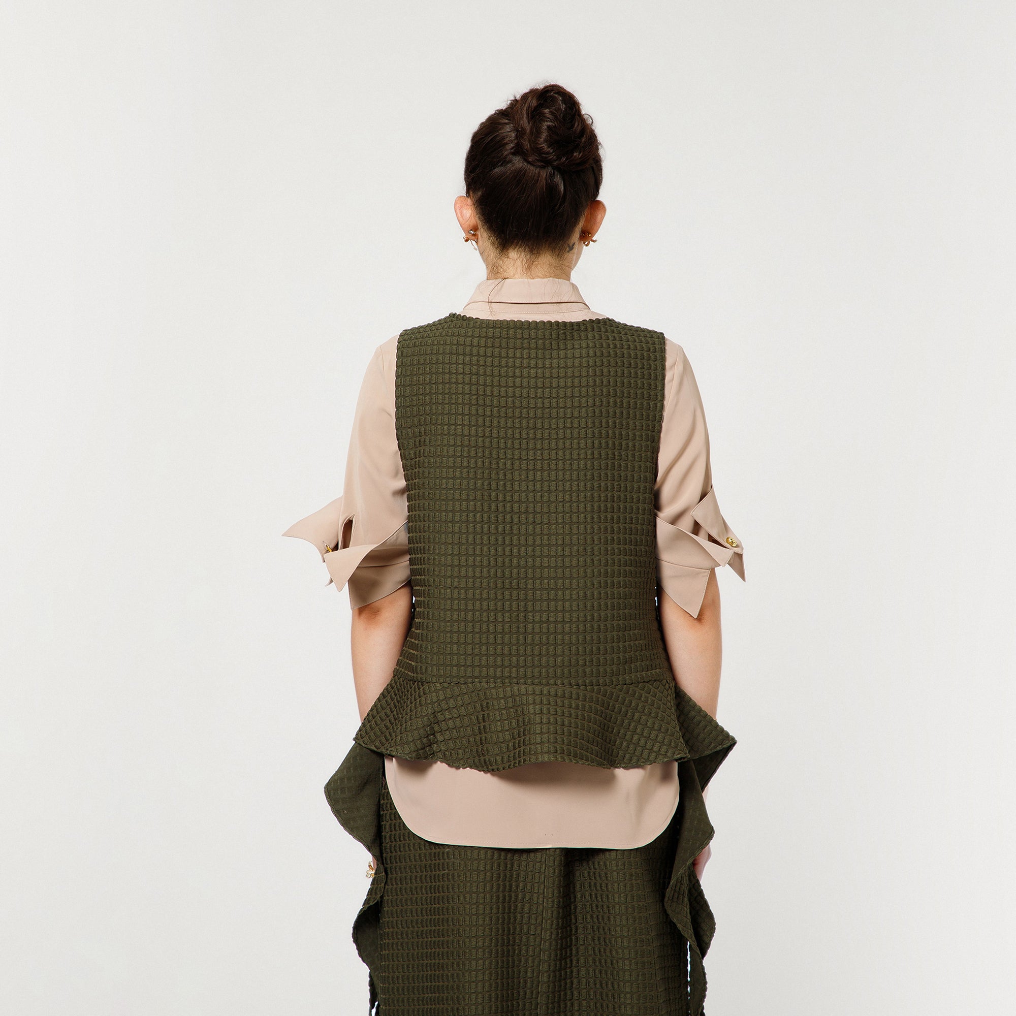 Olive Textured Shrug With Beige Shirt And Dramatic Cufflink