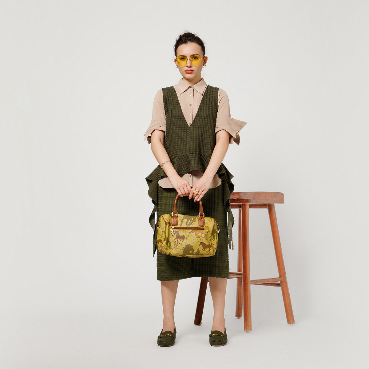 Olive Textured Shrug With Beige Shirt And Dramatic Cufflink