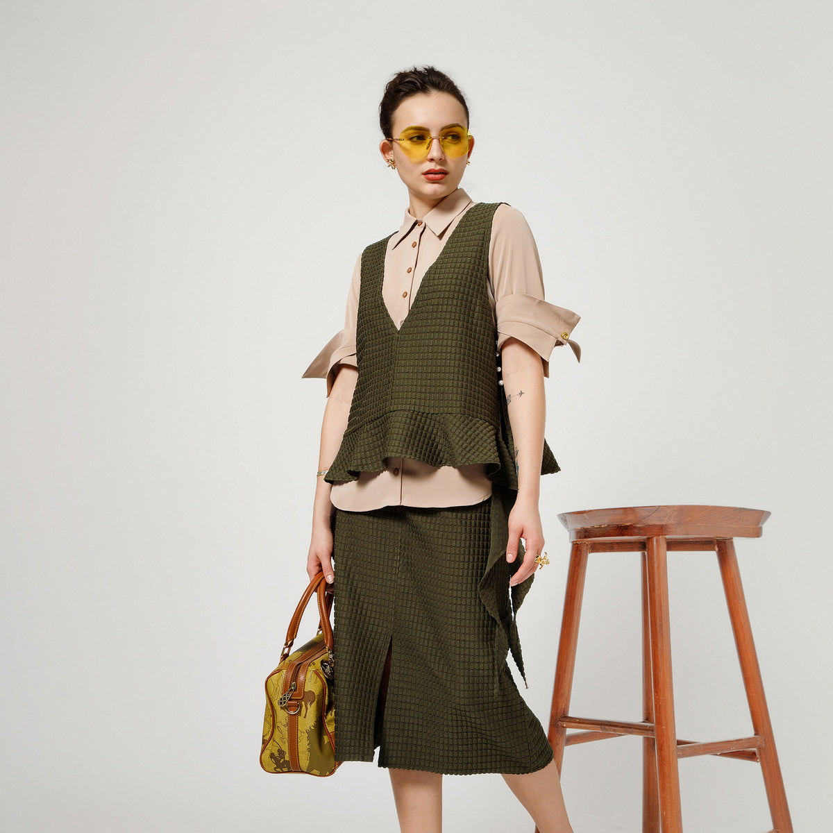 Olive Textured Shrug With Beige Shirt And Dramatic Cufflink