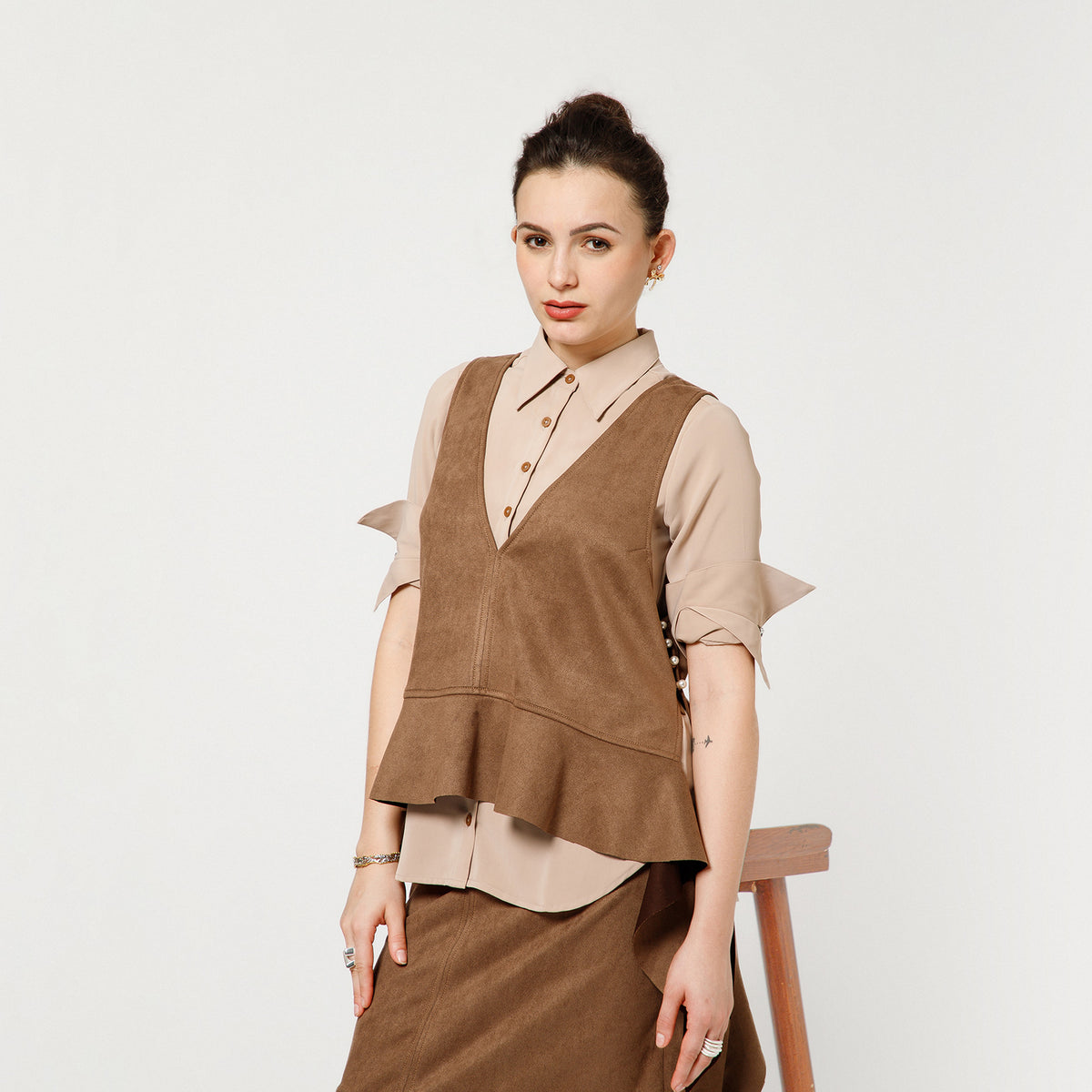 Brown Suede Shrugs With Beige Crepe Shirt And Dramatic Cufflink