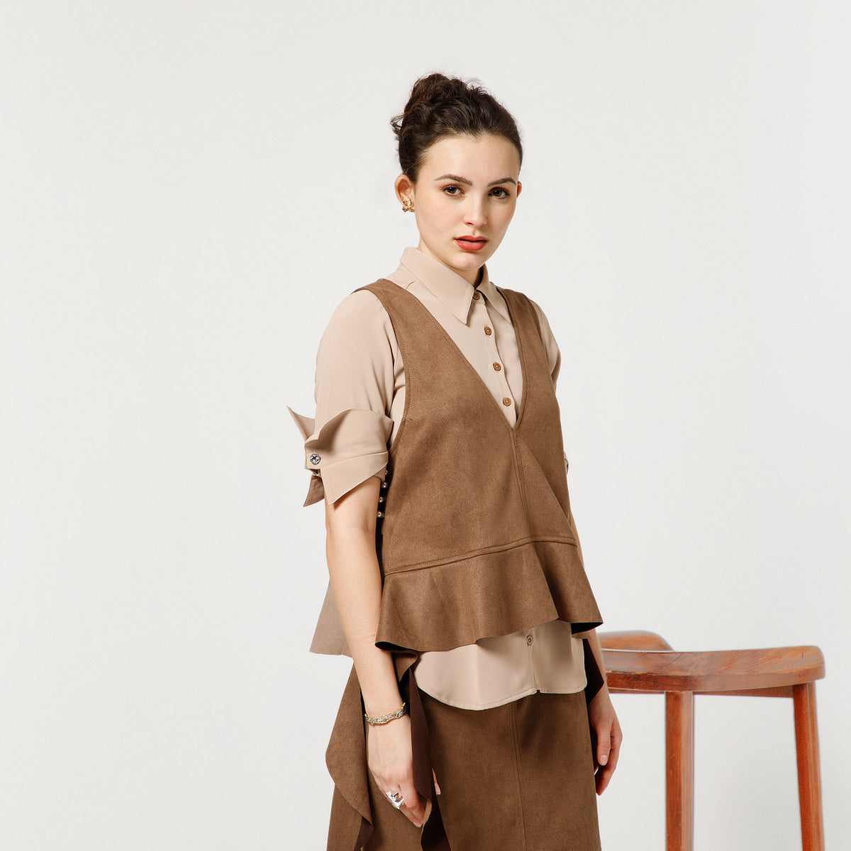 Brown Suede Shrugs With Beige Crepe Shirt And Dramatic Cufflink
