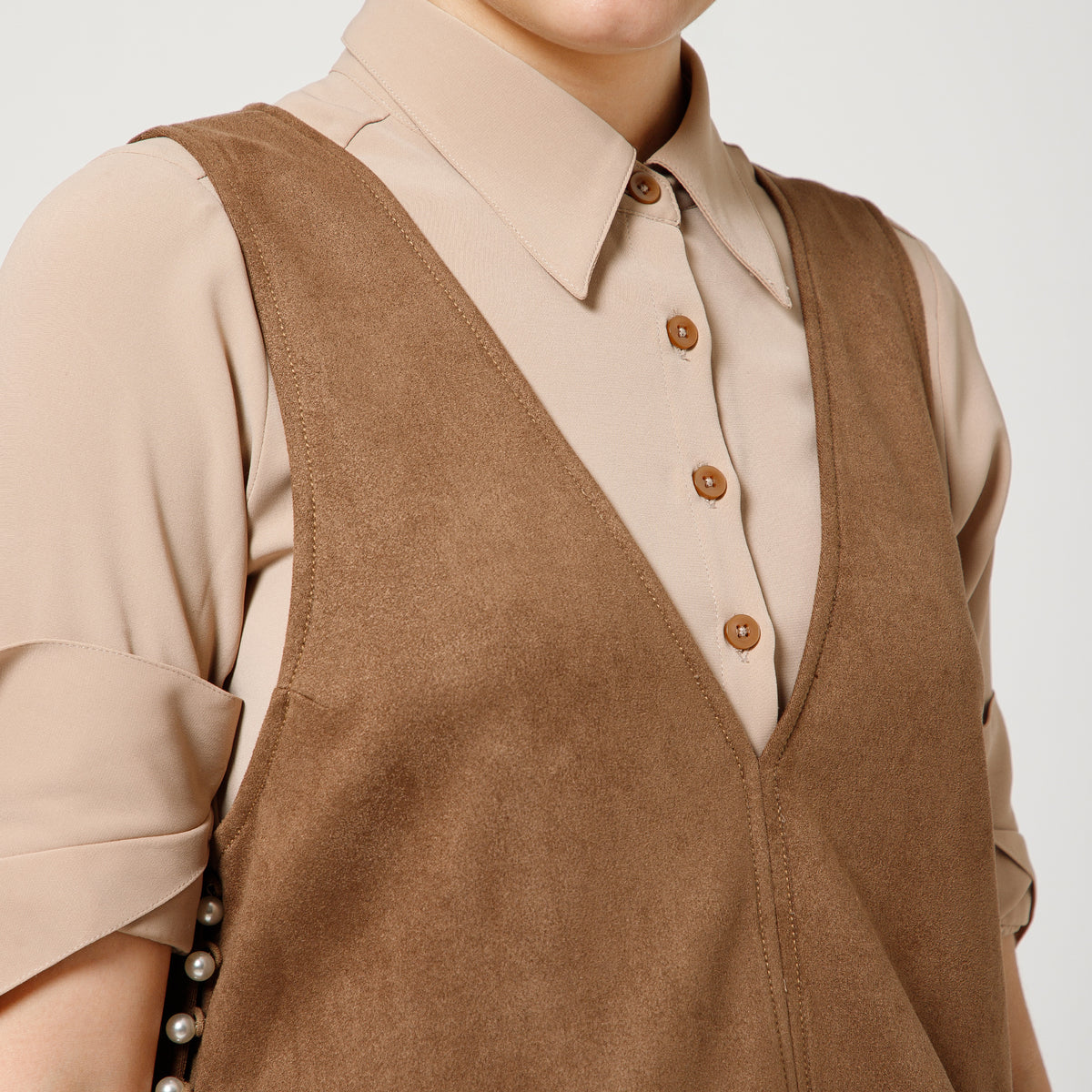 Brown Suede Shrugs With Beige Crepe Shirt And Dramatic Cufflink
