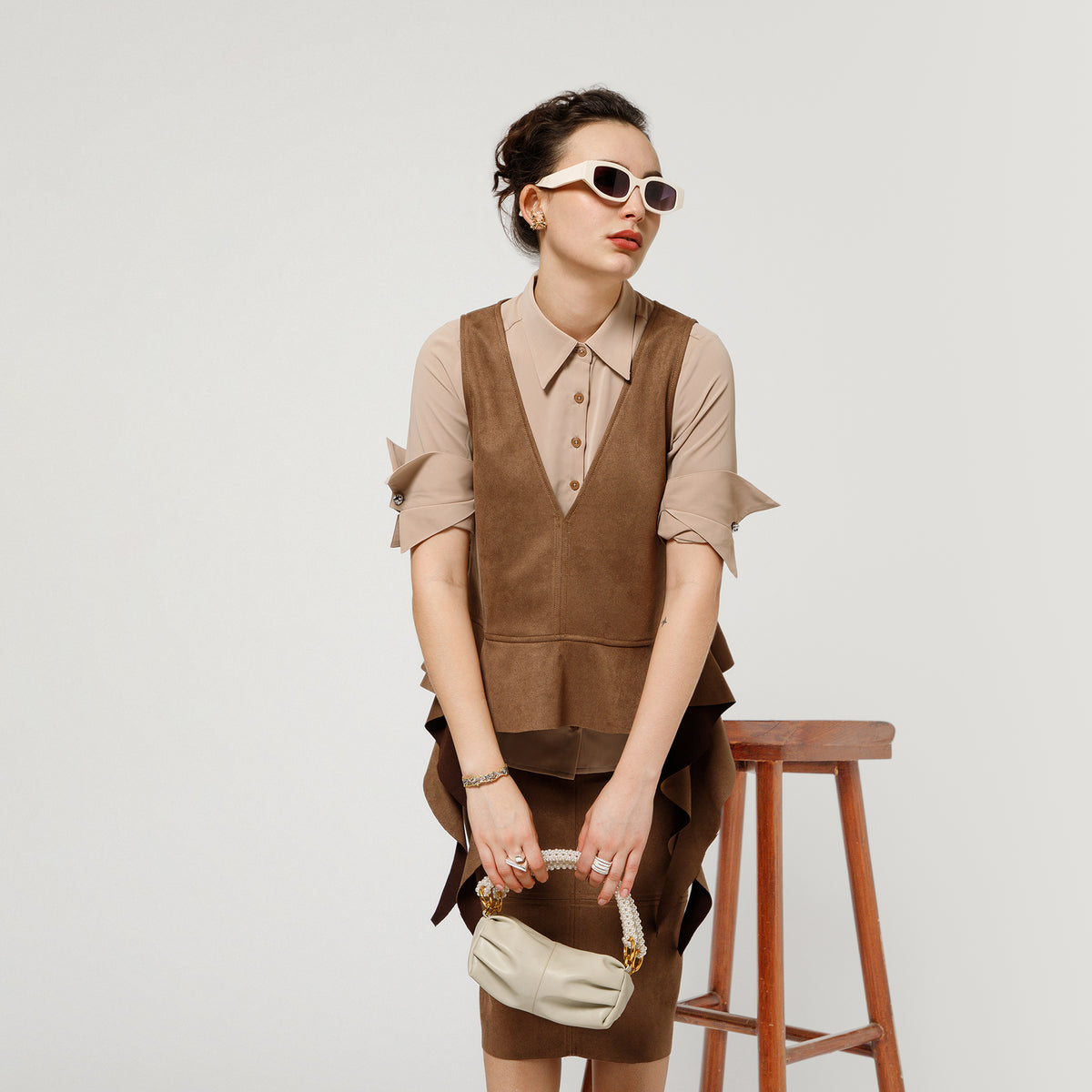 Brown Suede Shrugs With Beige Crepe Shirt And Dramatic Cufflink