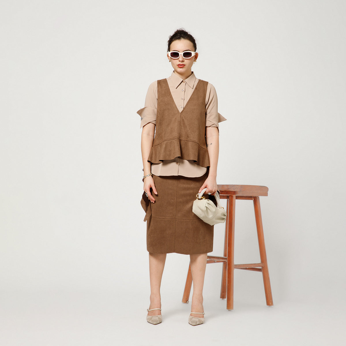 Brown Suede Shrugs With Beige Crepe Shirt And Dramatic Cufflink