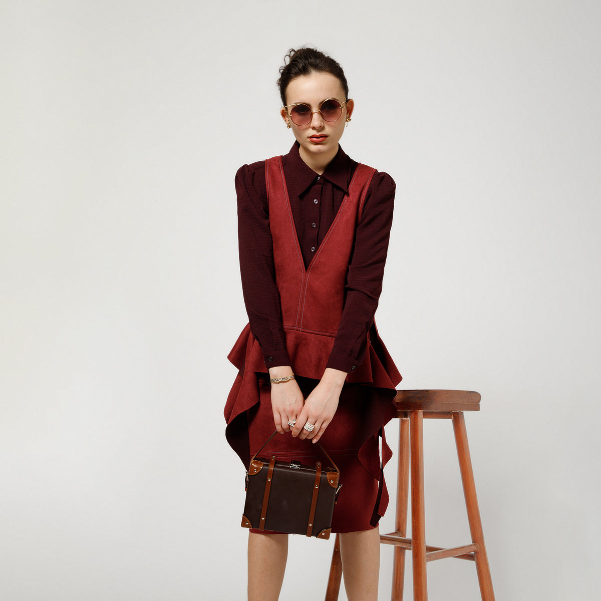 Wine Suede Shrugs With Prune Crepe Shirt