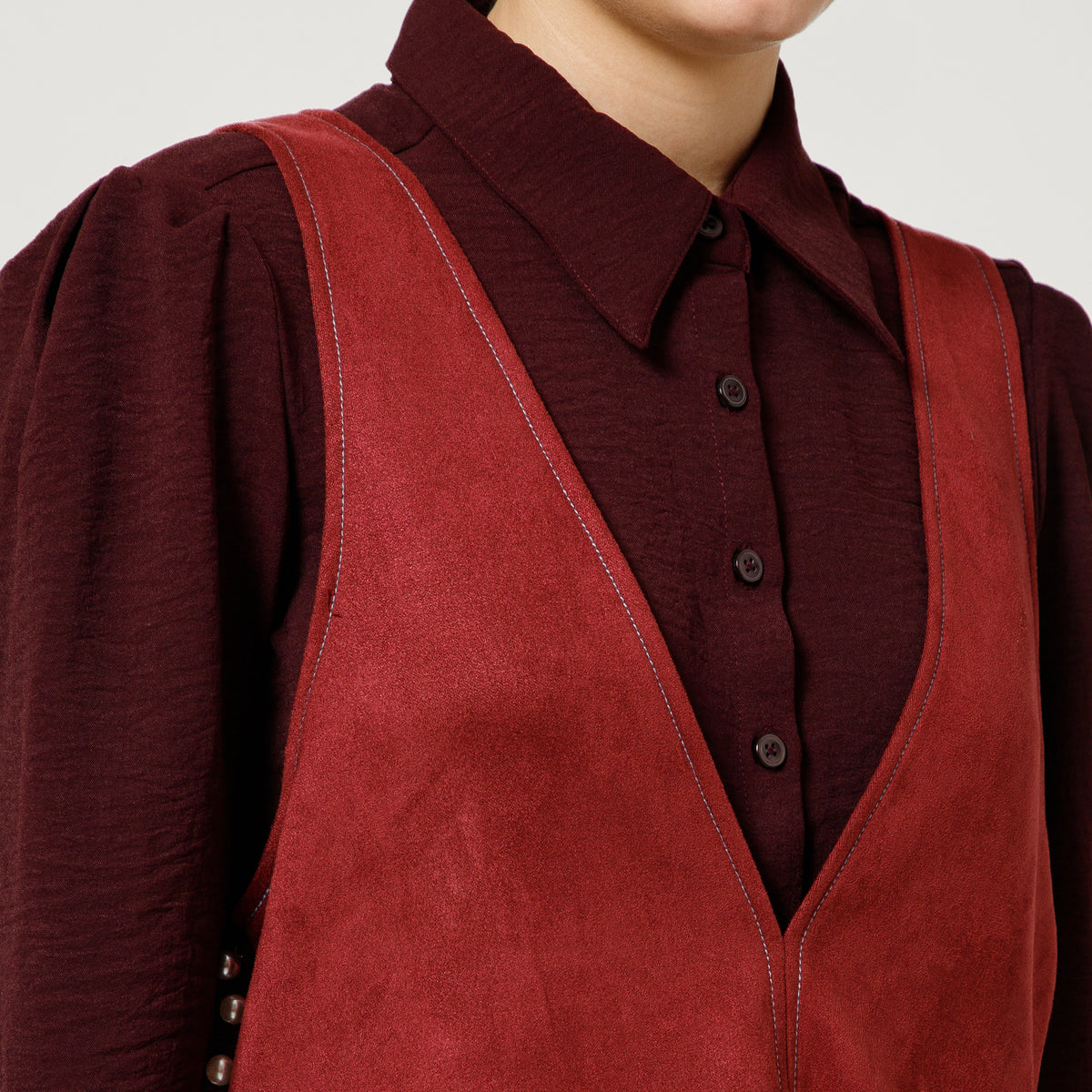 Wine Suede Shrugs With Prune Crepe Shirt
