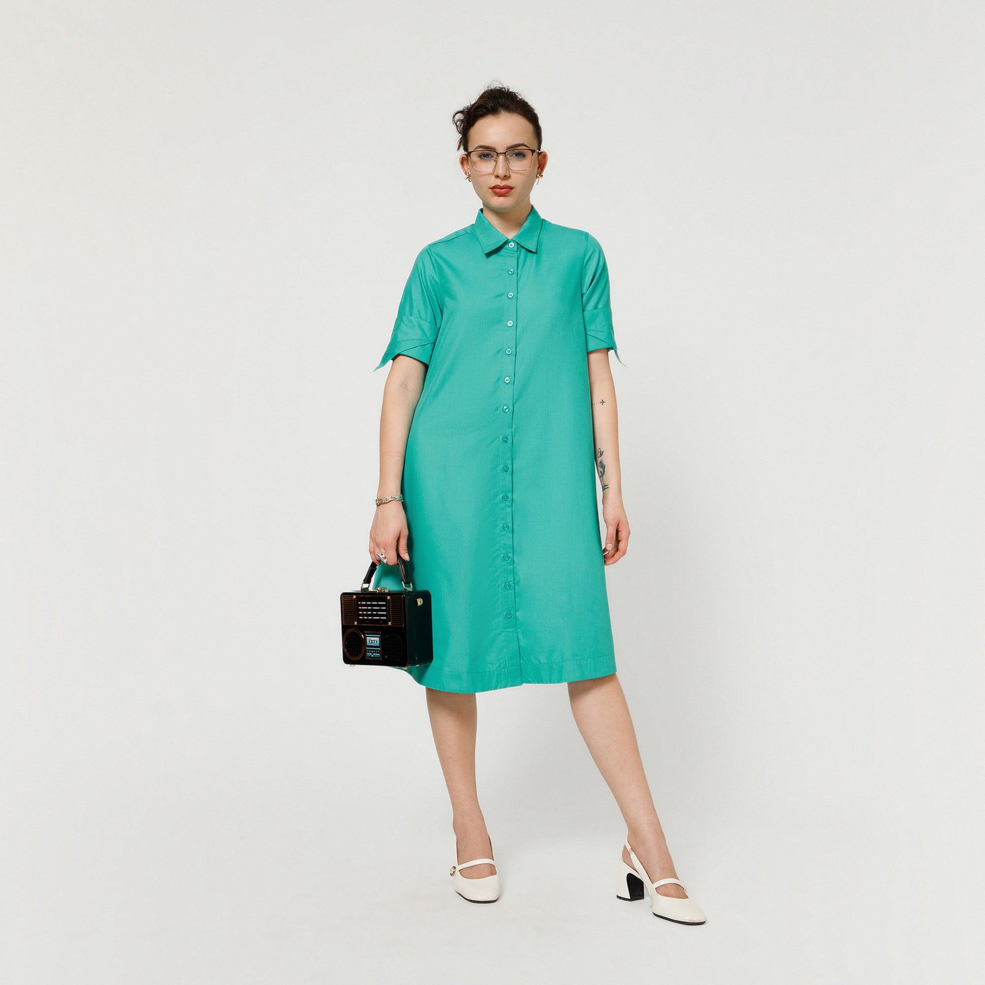 Turquoise A-Line Dress With Dramatic Cuff
