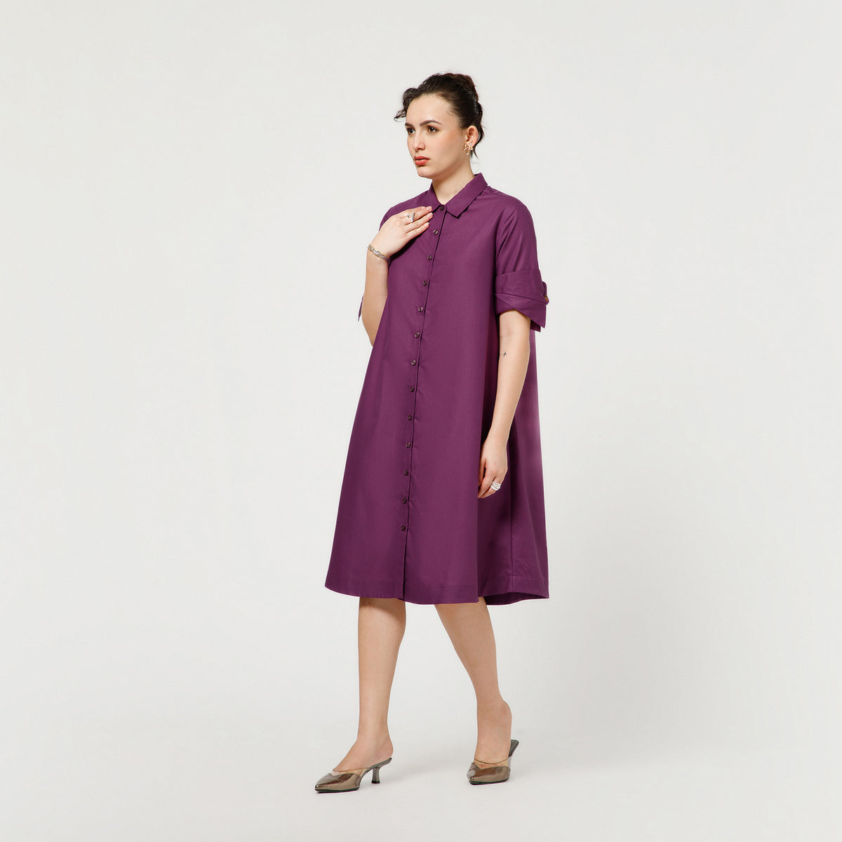 Purple A-Line Dress With Dramatic Cuff