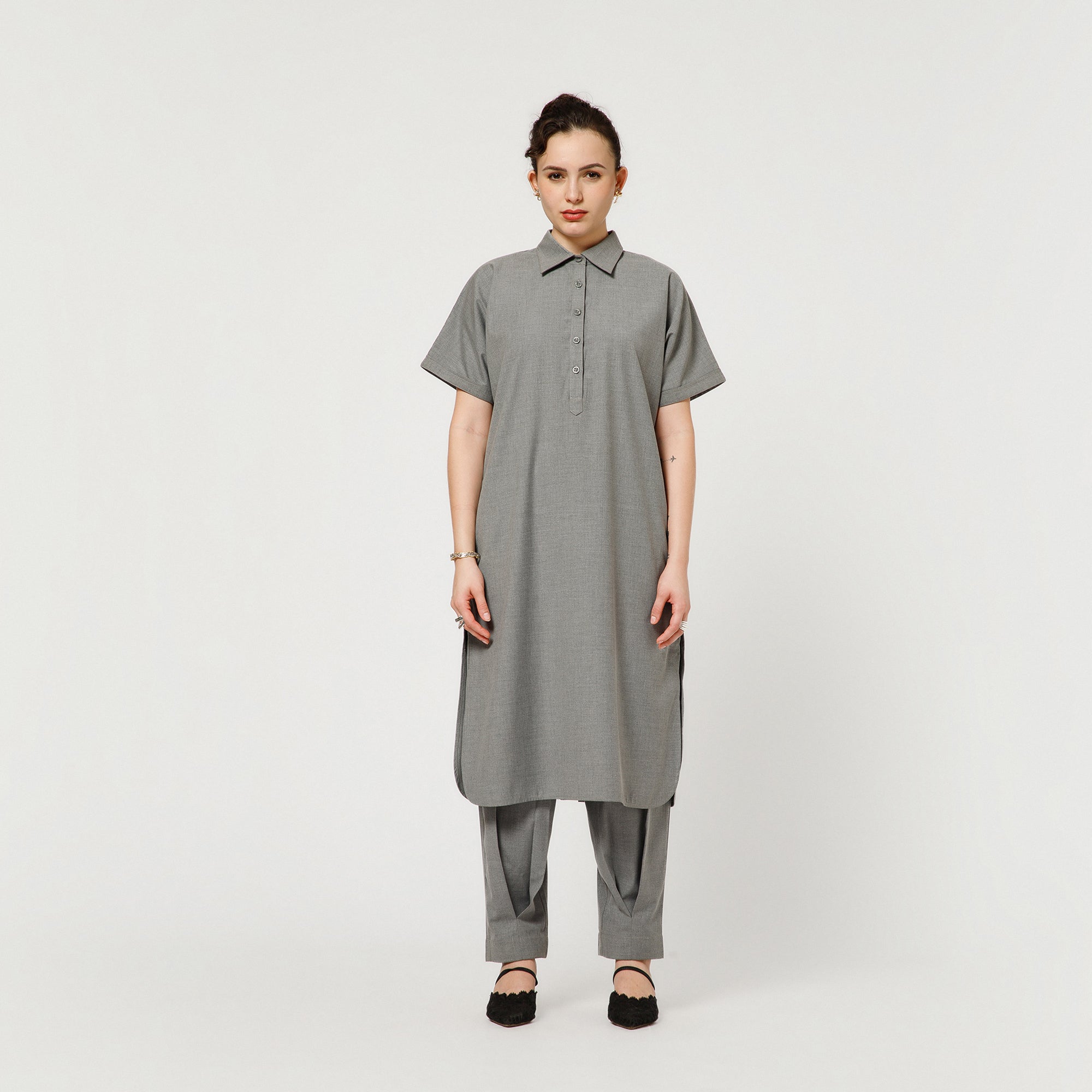 Light Grey Tunic With Black Ribbon
