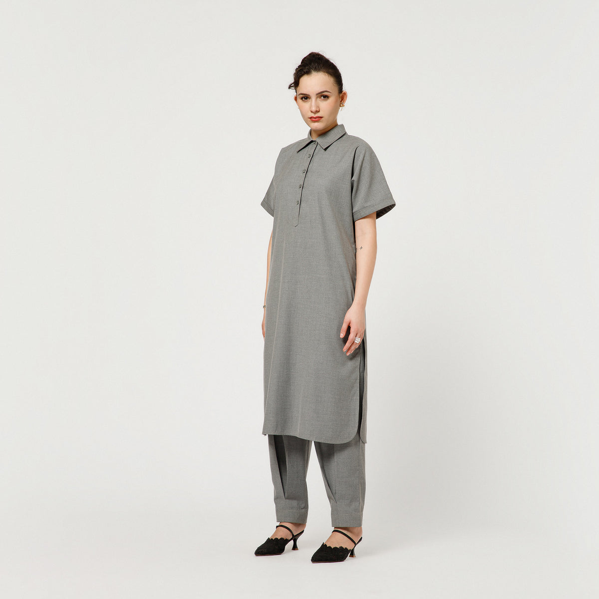 Light Grey Tunic With Black Ribbon