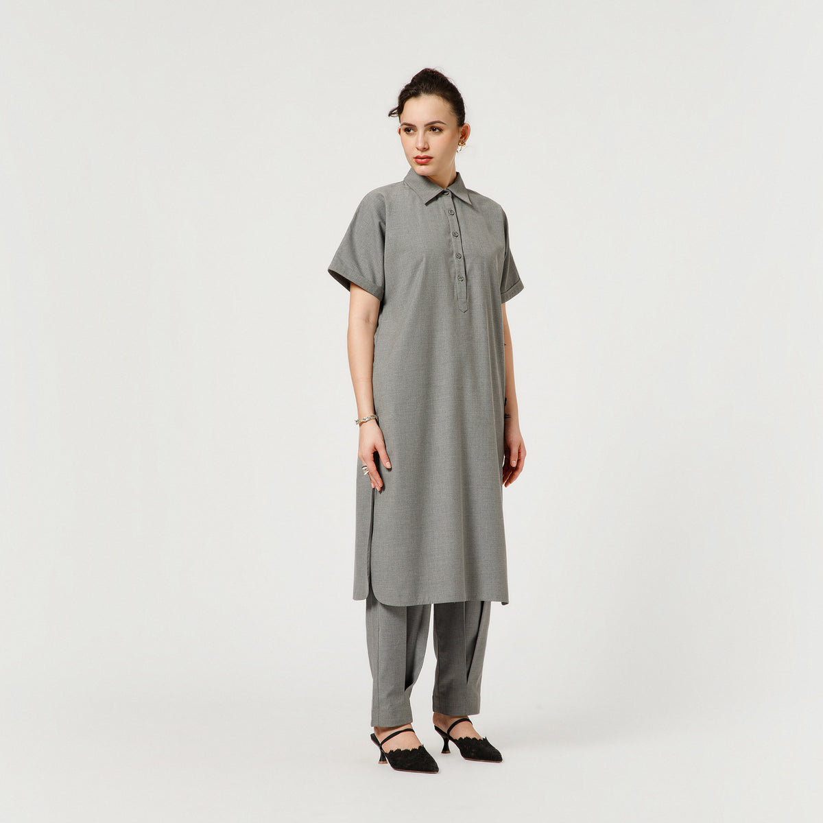 Light Grey Tunic With Black Ribbon