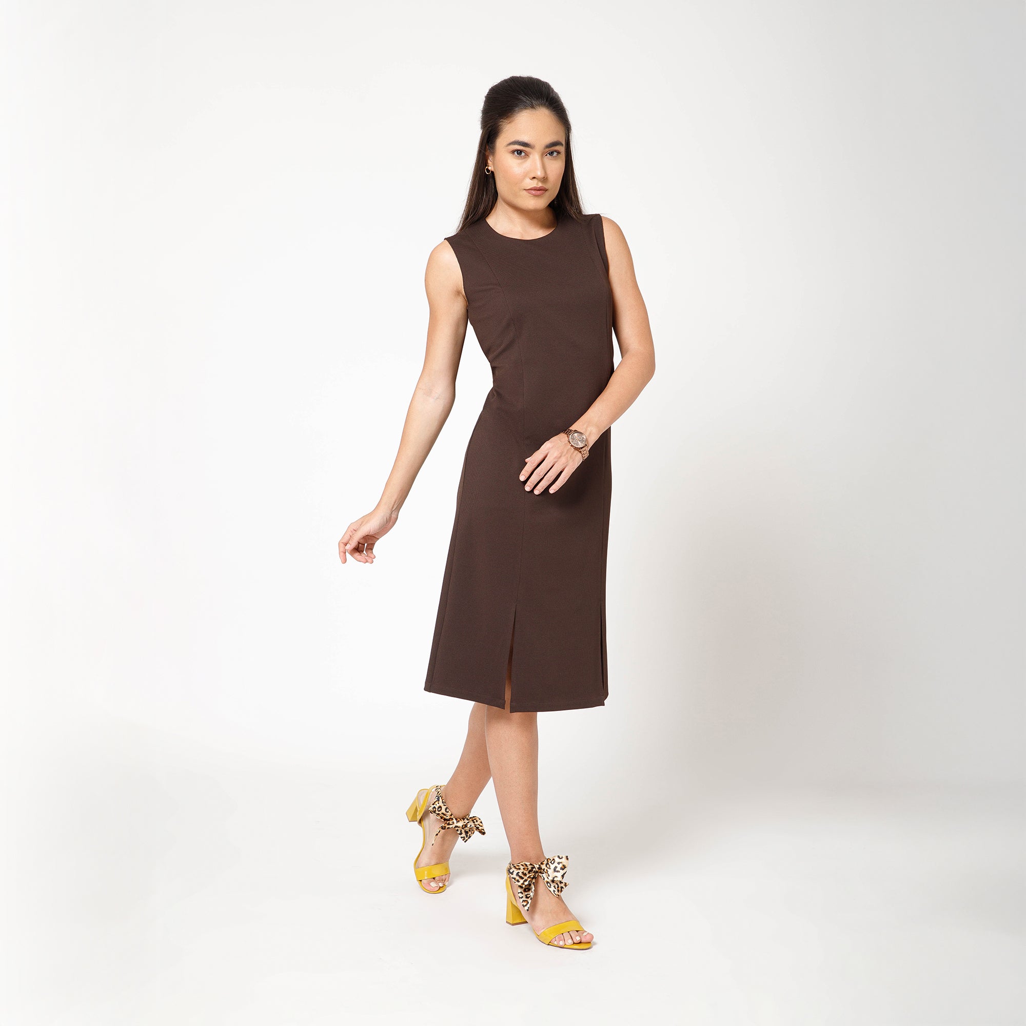 Brown Textured Lycra Long Slit Dress