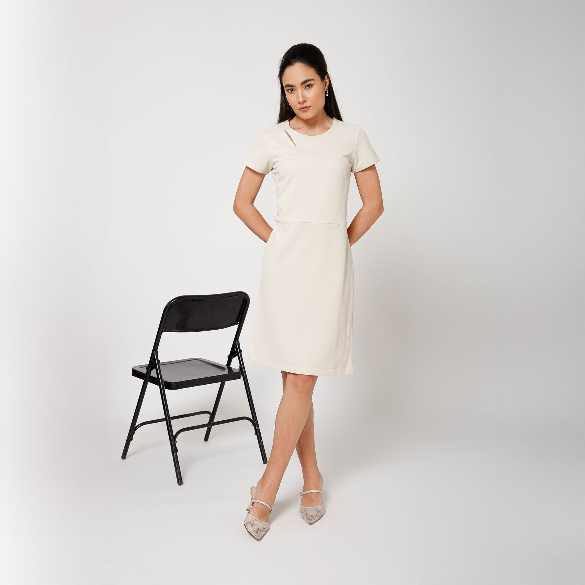 Off White Textured Long Dress With Key Hole