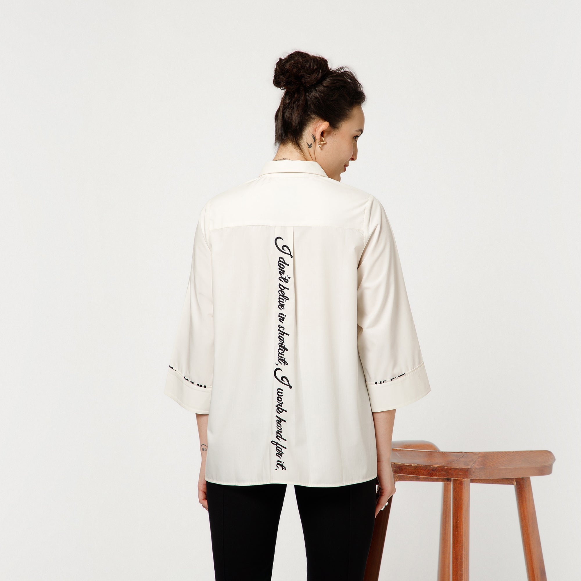 Off White Oversize Shirt With Quotation Embroidery