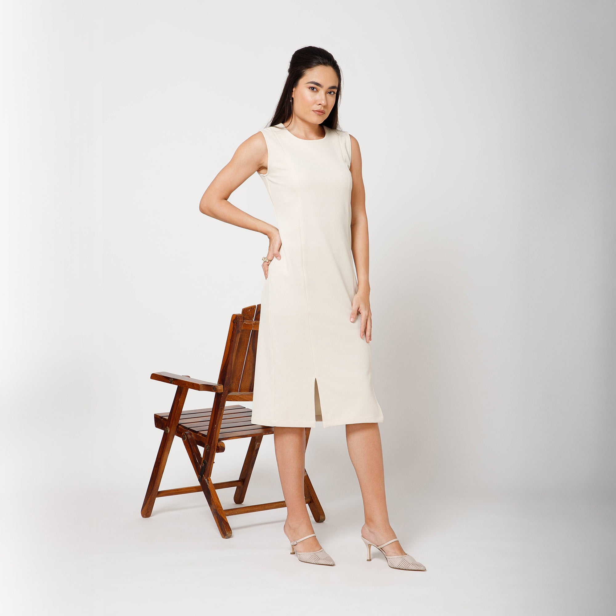 Off White Textured Lycra Long Slit Dress -2