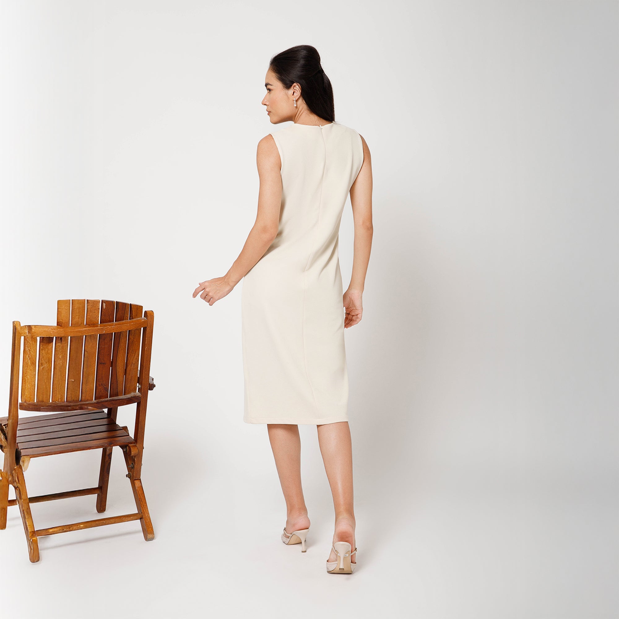 Off White Textured Lycra Long Slit Dress -3