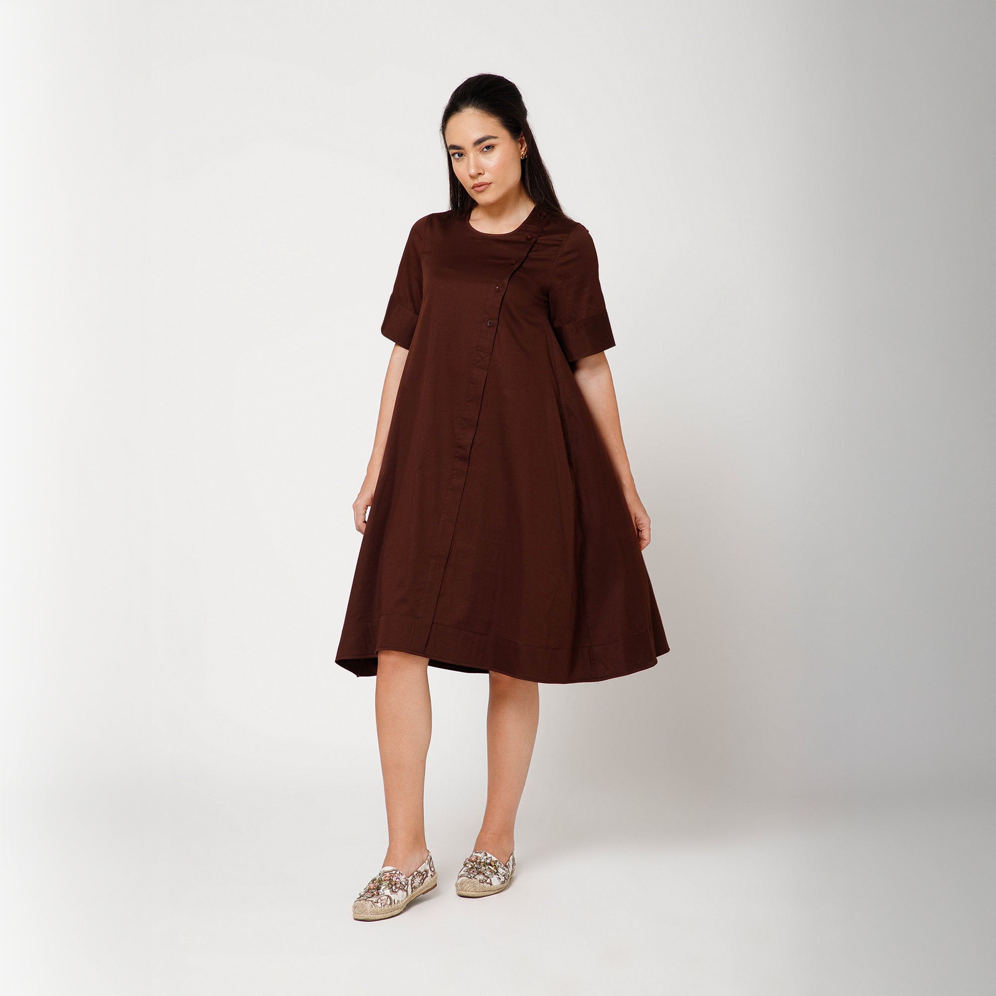 Brown Cotton A-Line Dress With Round Neck