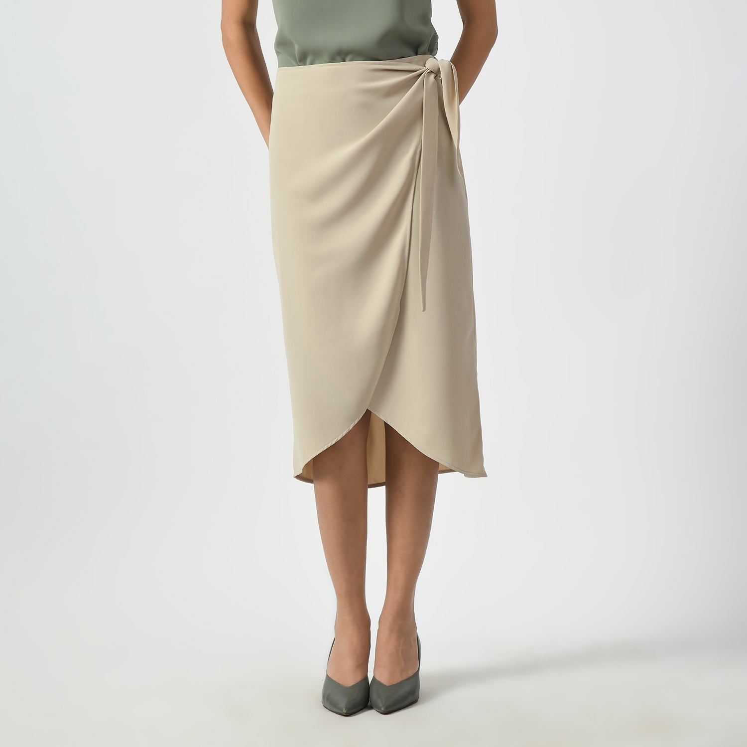 Light Beige Overlap Skirt With Tie Knot, skirt with knot , overlap skirts, beige skirts, formal frocks for work , office dresses for women, traditional office skirts , designer skirts for work