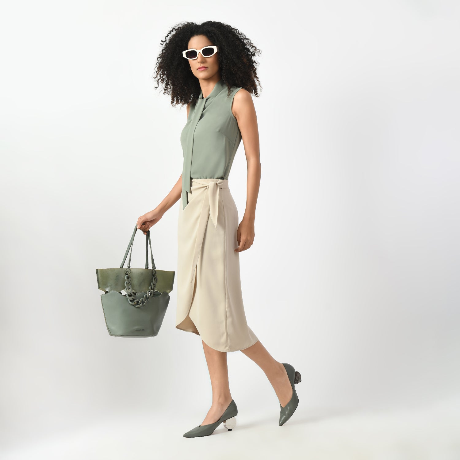 Light Beige Overlap Skirt With Tie Knot, skirt with knot , overlap skirts, beige skirts, formal frocks for work , office dresses for women, traditional office skirts , designer skirts for work