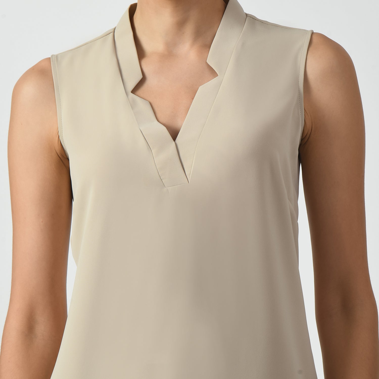 Light Beige Sleeveless V Neck Dress, v neck dress, sleeveless dress, beige dress, dress for women, stylish dress for women, one piece for women dress, office wear women,