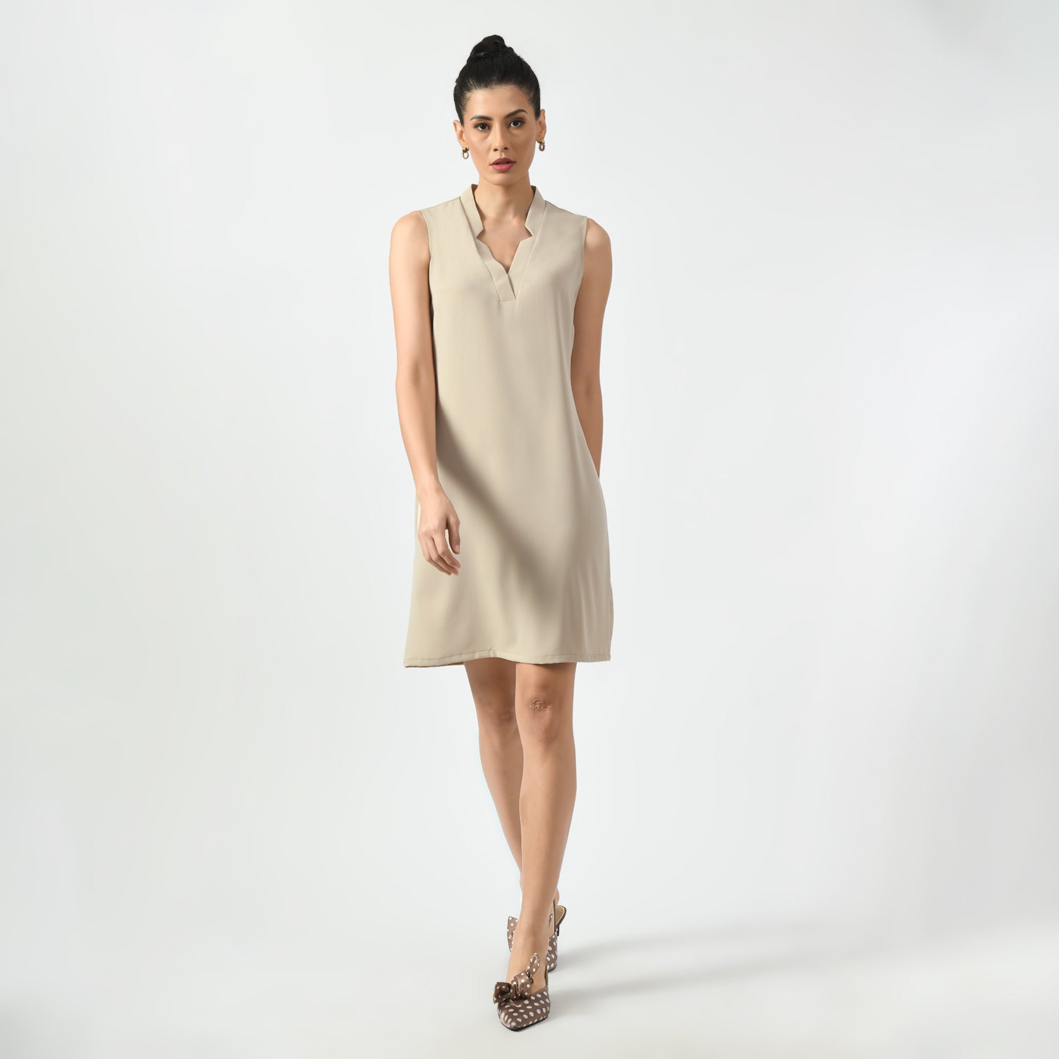 Light Beige Sleeveless V Neck Dress, v neck dress, sleeveless dress, beige dress, dress for women, stylish dress for women, one piece for women dress, office wear women,