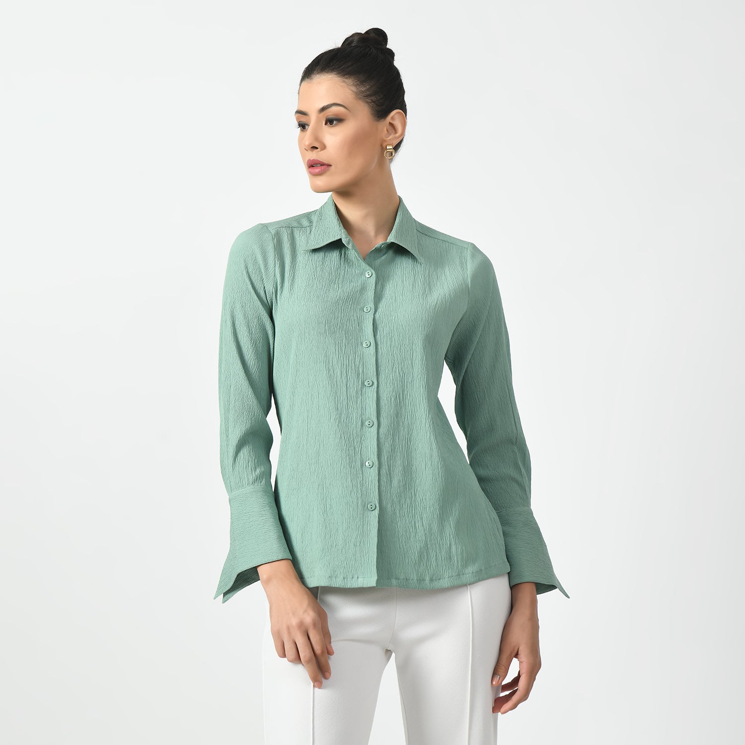 Light Green Texture Shirt With Overlap Cuff, green shirt, overlap cuff shirt, texture shirts for women, professional shirts for women , office ready shirts, lightweight formal shirt , casual cotton shirts for office, formal office shirts , best shirts for professional women