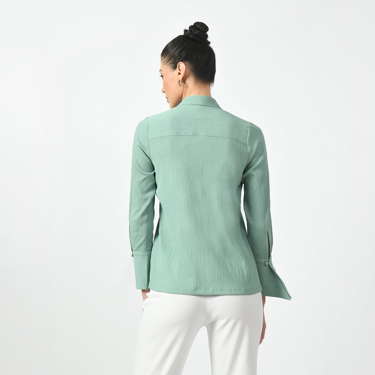 Light Green Texture Shirt With Overlap Cuff, green shirt, overlap cuff shirt, texture shirts for women, professional shirts for women , office ready shirts, lightweight formal shirt , casual cotton shirts for office, formal office shirts , best shirts for professional women