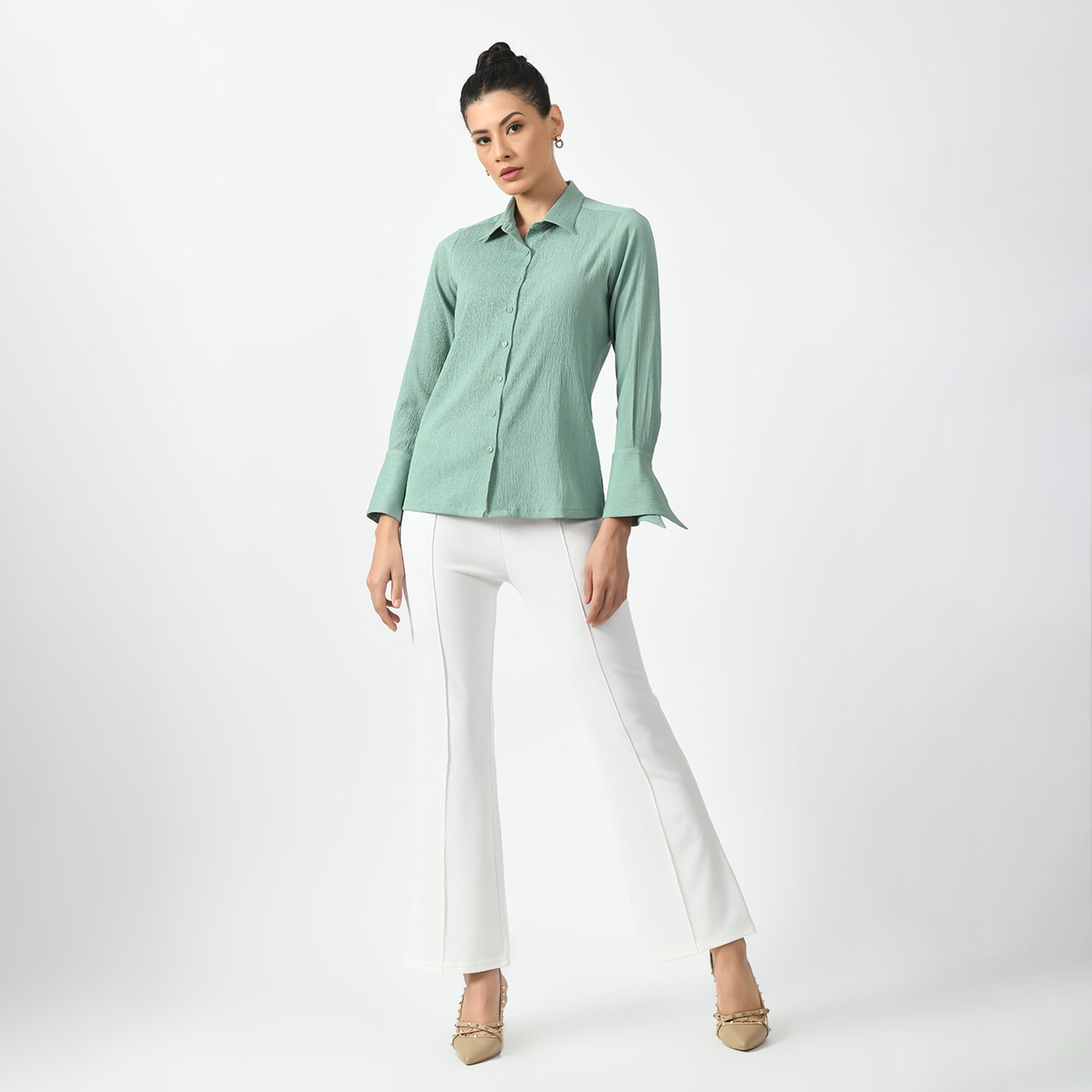 Light Green Texture Shirt With Overlap Cuff, green shirt, overlap cuff shirt, texture shirts for women, professional shirts for women , office ready shirts, lightweight formal shirt , casual cotton shirts for office, formal office shirts , best shirts for professional women