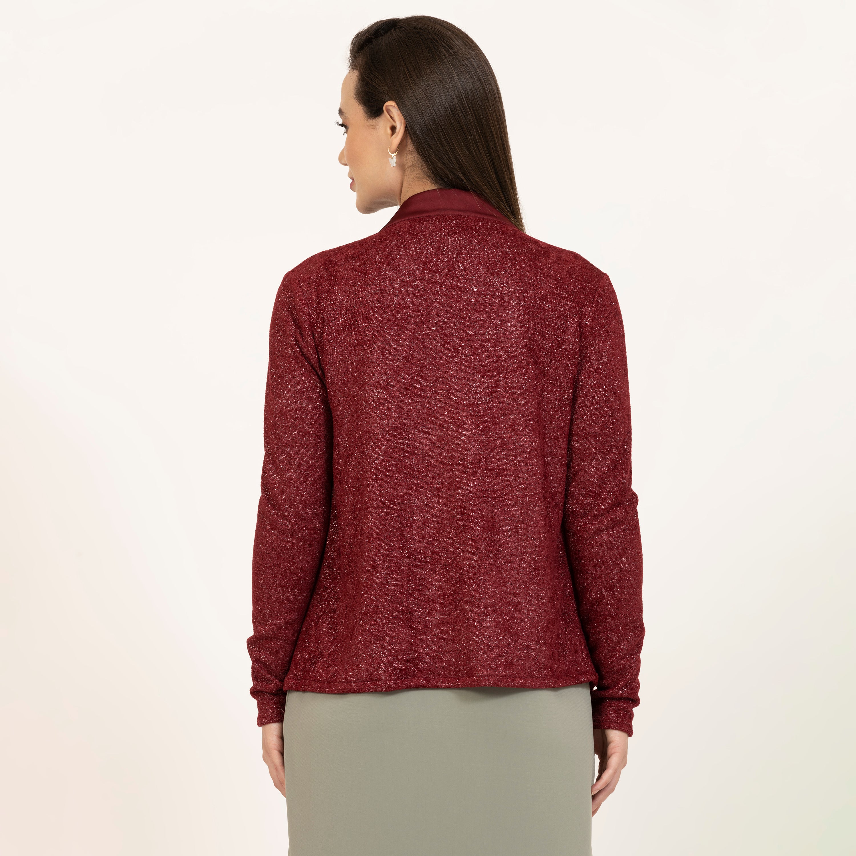 Maroon Shimmer Velvet Lycra Shrug with Satin-4
