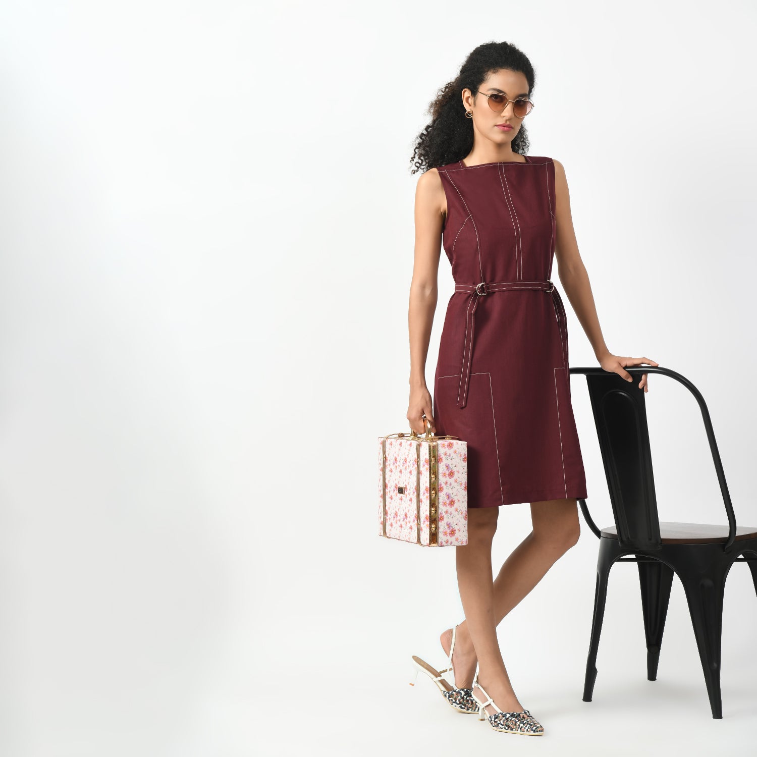 Maroon Square Neck Dresses for Women Office Wear-6