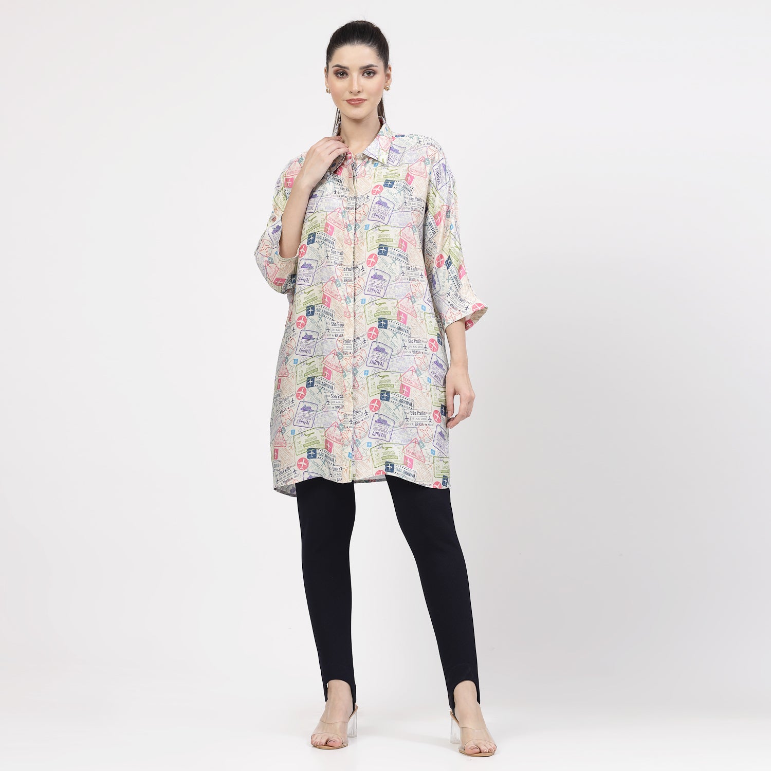 Multicolour Ticket Print Long Shirt,womens formal shirts
cotton shirts for women
Ofiice shirts for women