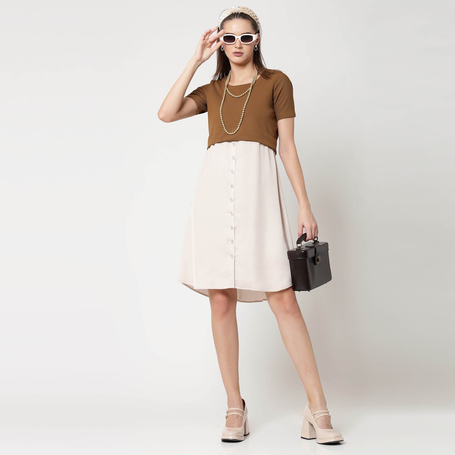 Mustard Lycra & Off White Satin Tunic for Women