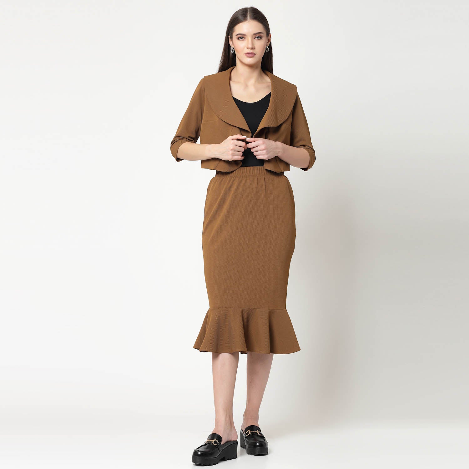 Mustard Lycra Short Jacket with Frill for Women-5