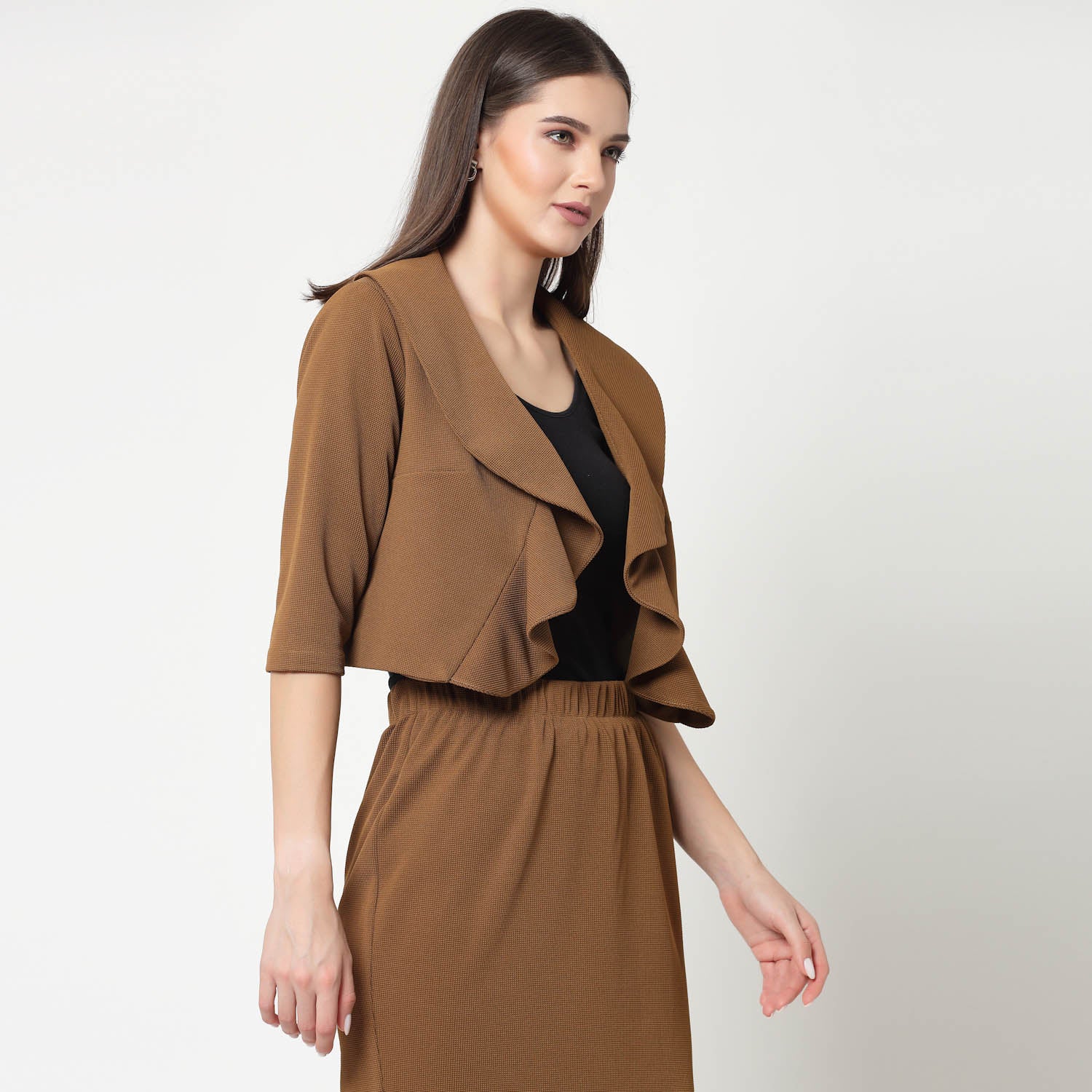 Mustard Lycra Short Jacket with Frill for Women-2