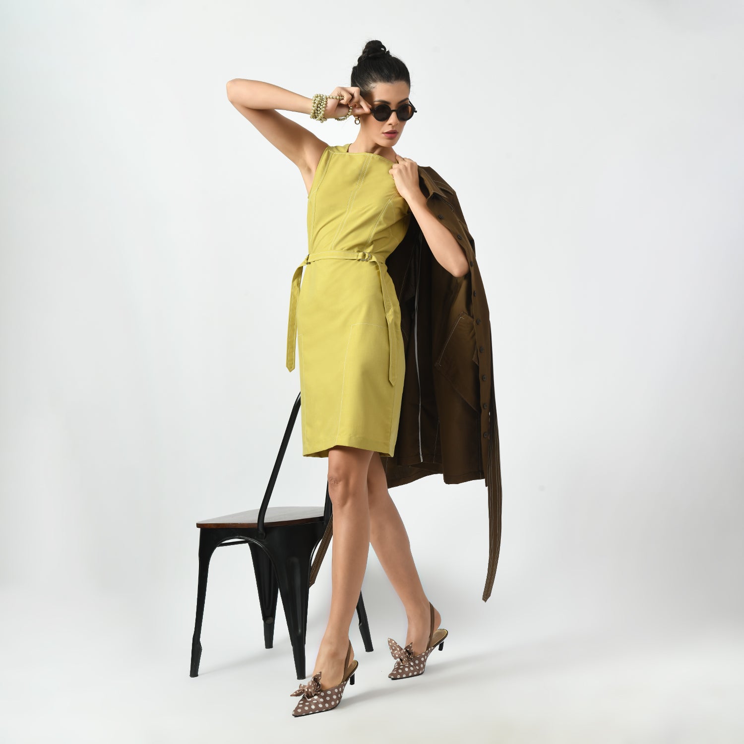 Mustard Square Neck Dresses for Women Office Wear