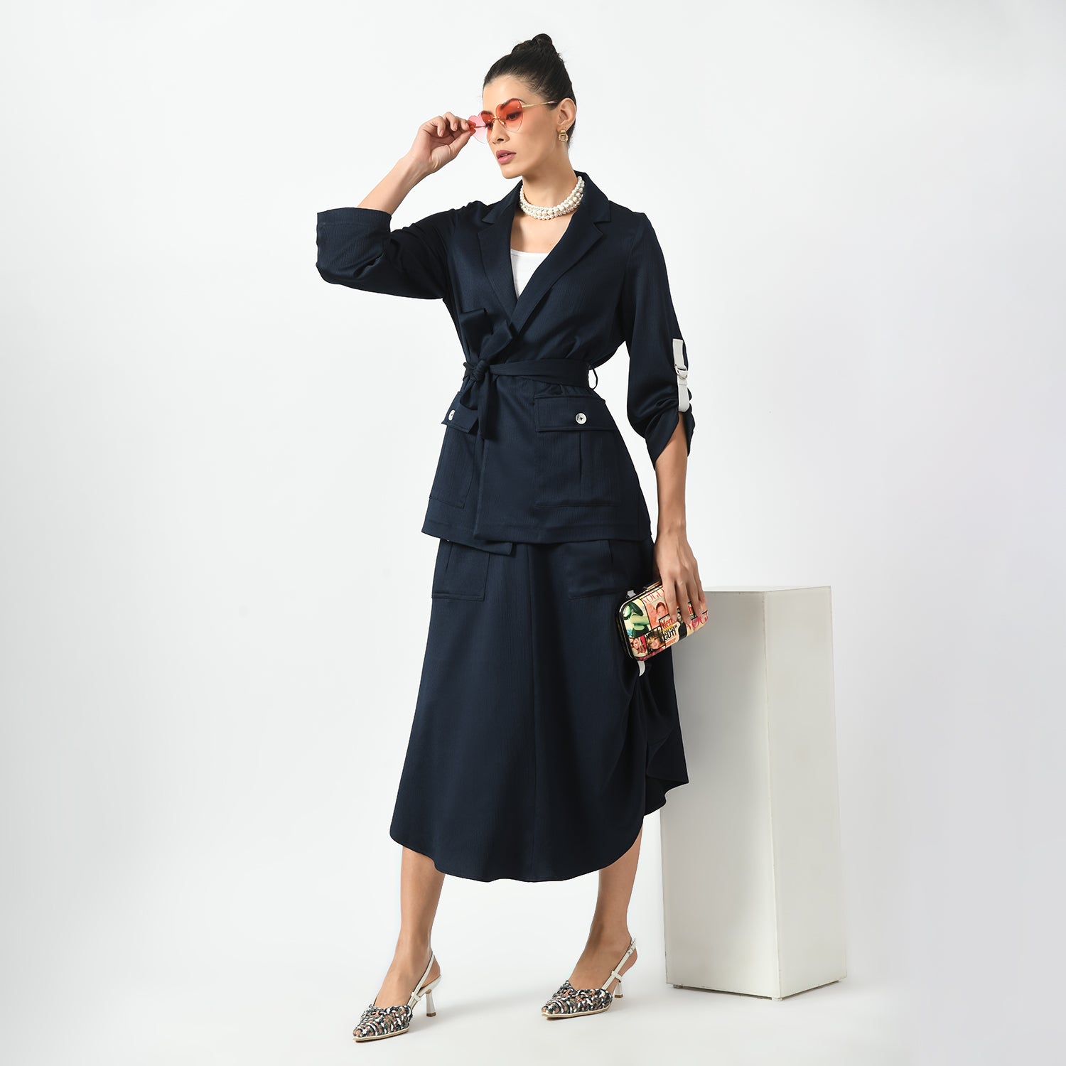 Navy Blue Skirt With Pocket, skirt with pocket, designer skirt, formal frocks for work, office dresses for women, traditional office skirts, designer skirts for work