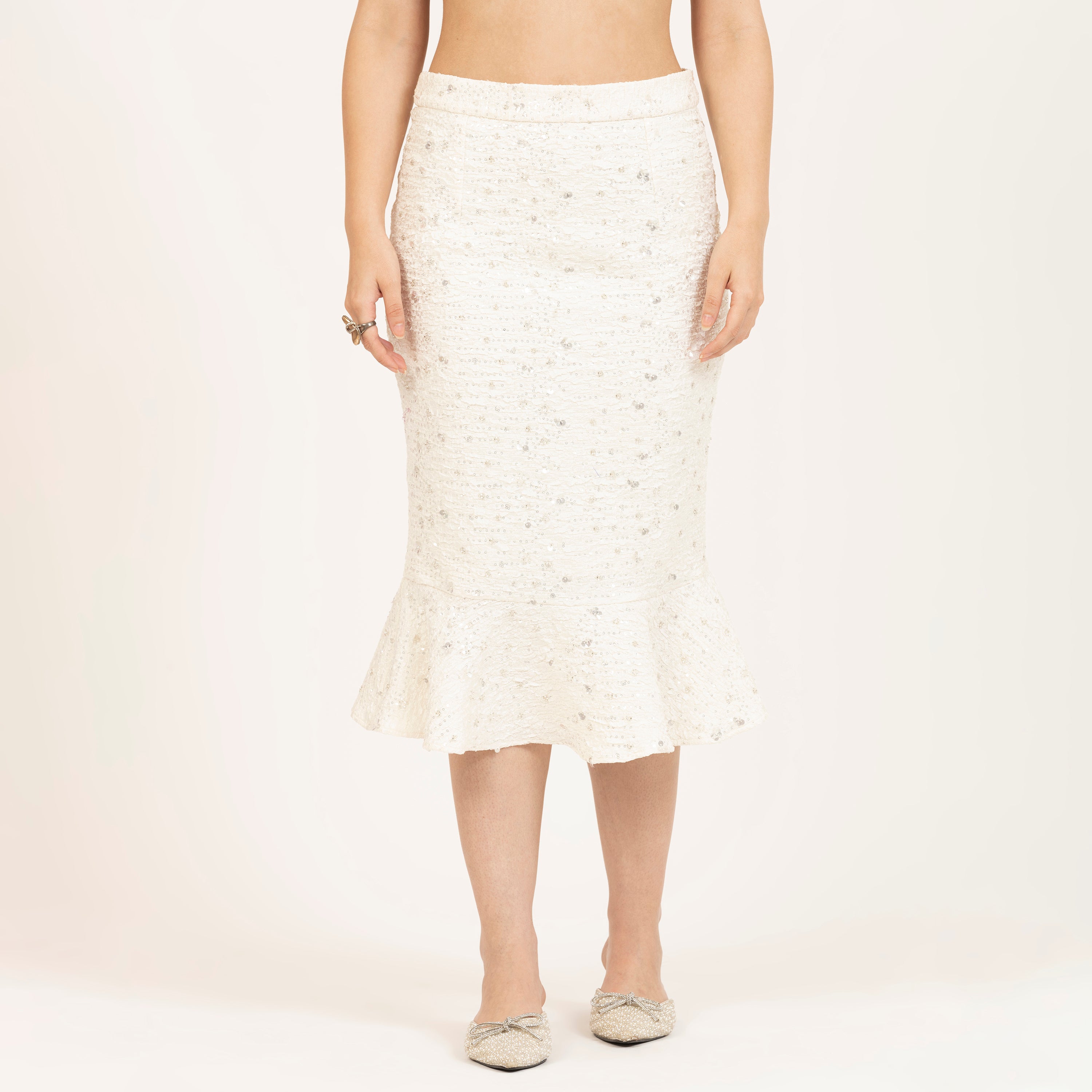 Off-White Embroidered Fish Cut Skirt , Formal skirts for women professionals in India , Elegant Silhouettes for Every Day , formal skirts for women , office skirts for women