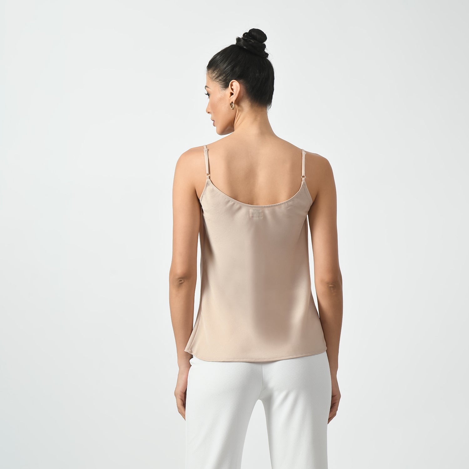 Off White Cowl Spaghetti Top With Lace, office wear tops, stylish formal tops, best tops for work, elegant worktops, trendy tops for women , modern tops for office, formal tops for women, tops for women stylish