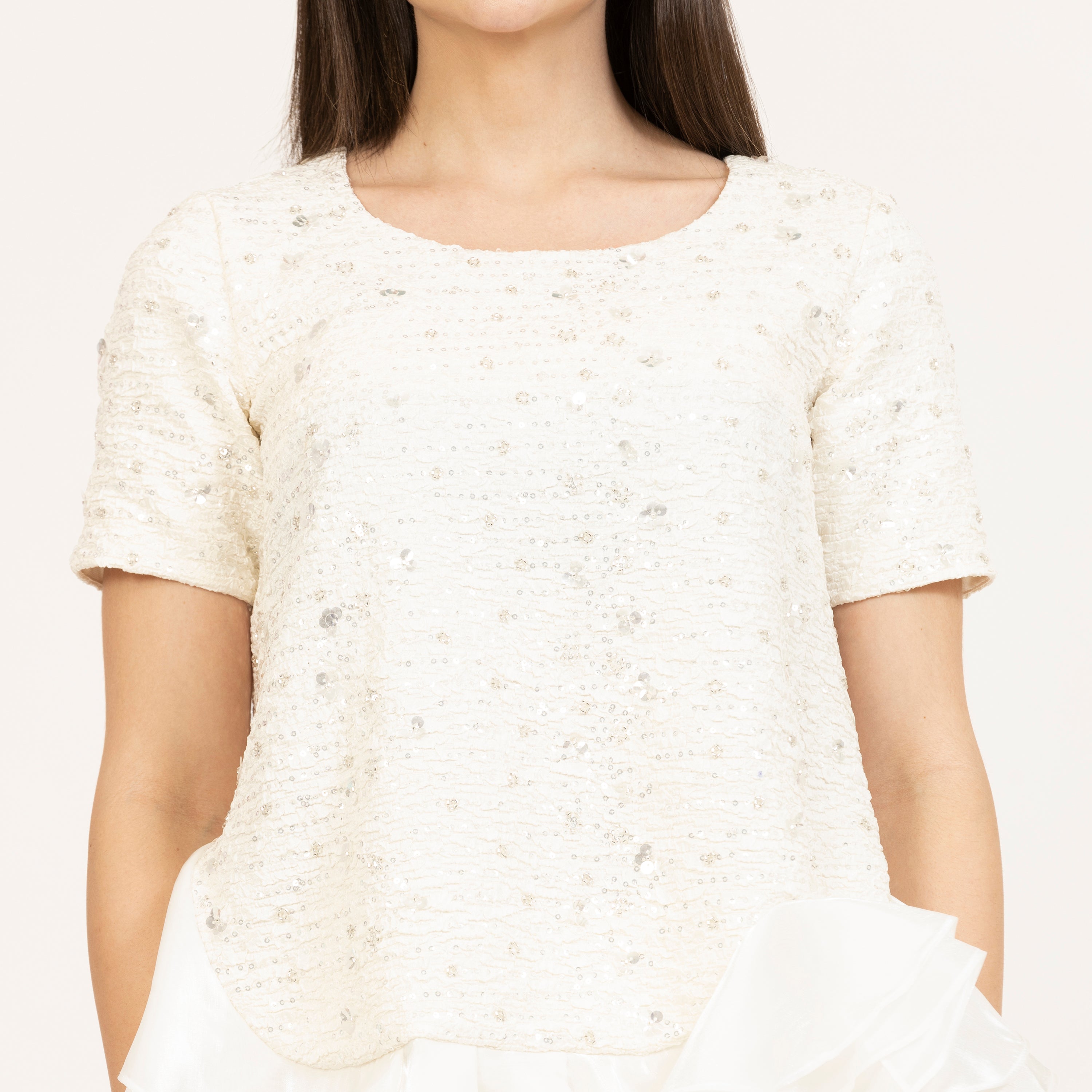 Off White Embroidered Peplum Top With Satin Organza, white top, peplum top, satin organza, formal tops, office wear, trending tops