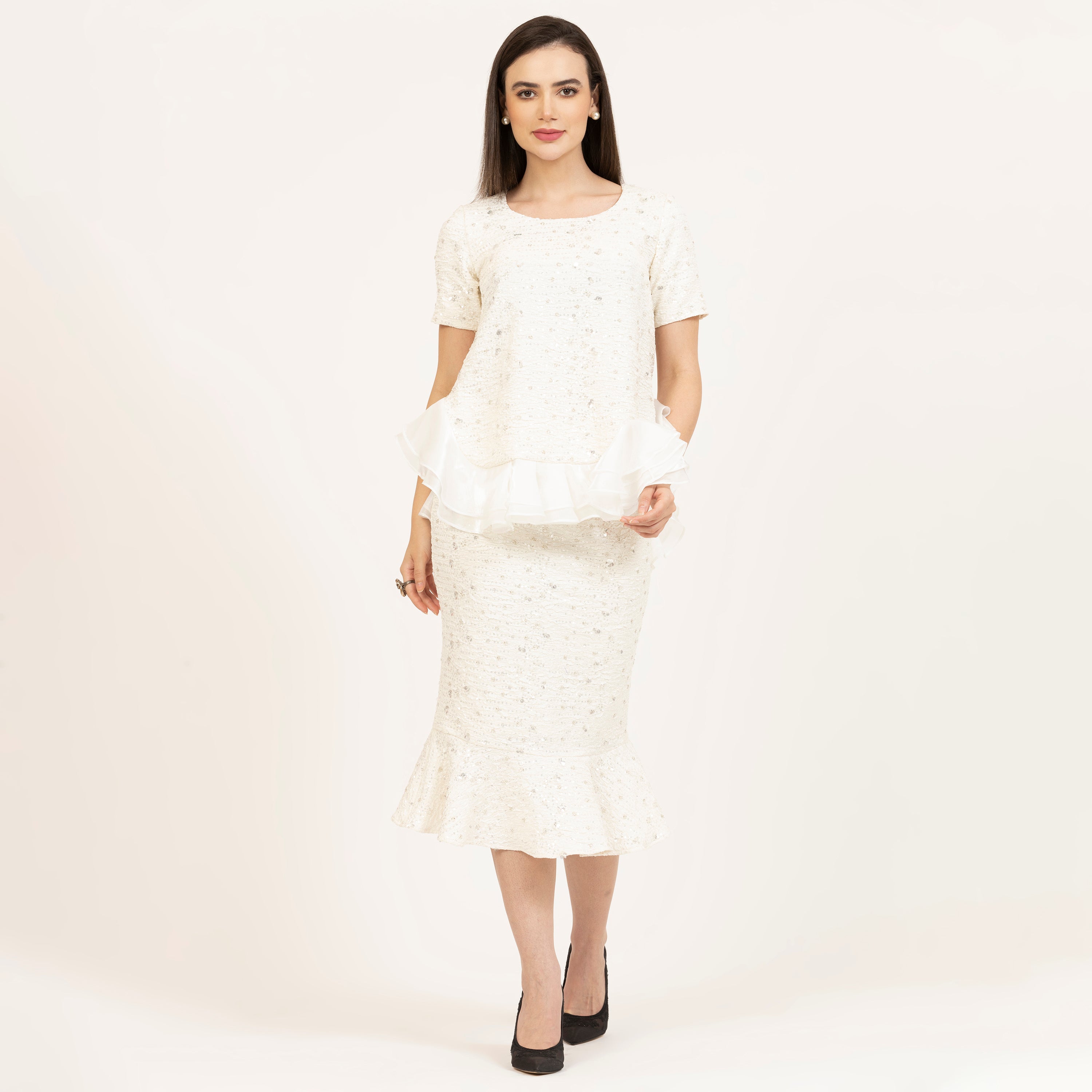 Off White Embroidered Peplum Top With Satin Organza, white top, peplum top, satin organza, formal tops, office wear, trending tops