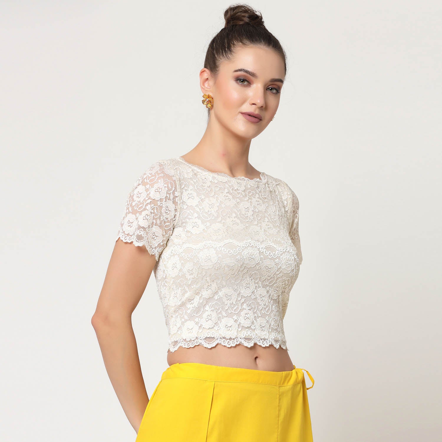 Off White Lace Boat Neck Blouse, Stylish Blouses for Sarees—Perfect for Office Wear