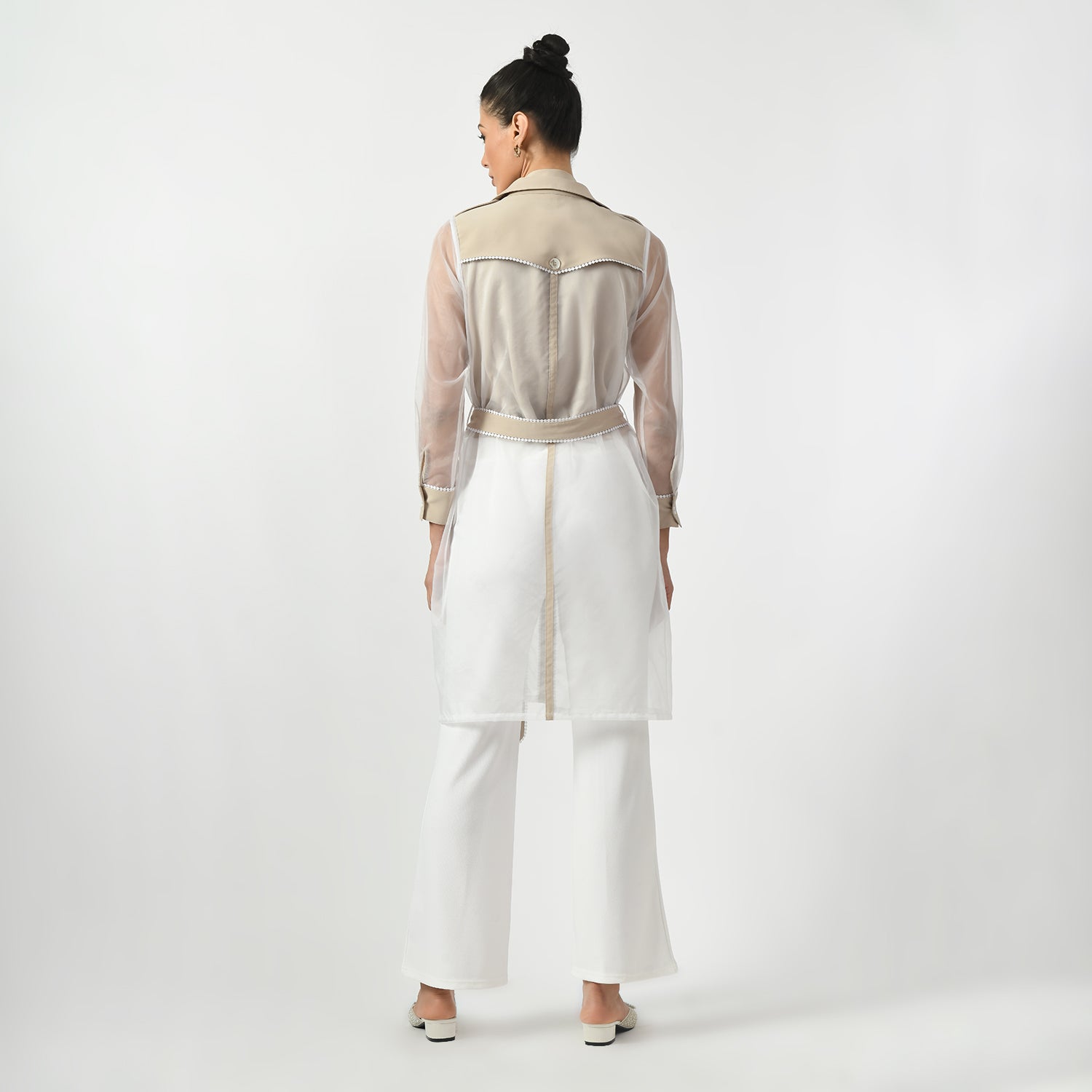 Off White Organza Long Jacket for Women-4