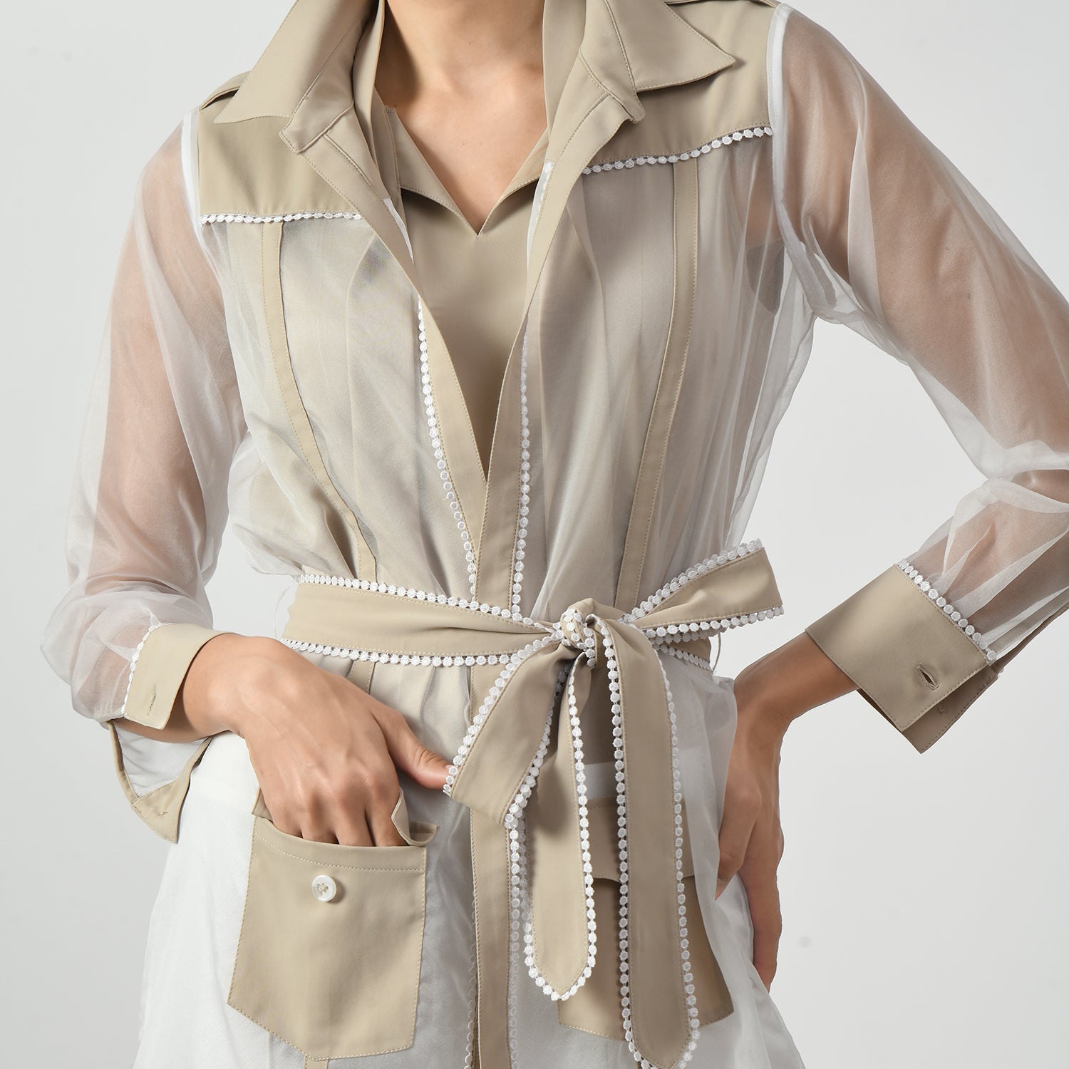 Off White Organza Long Jacket for Women-3