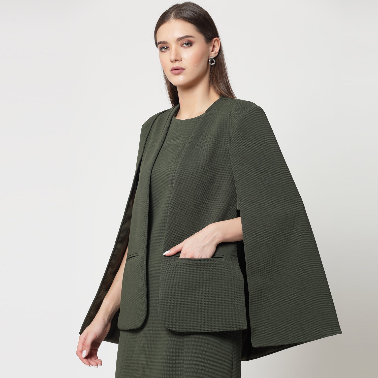 Olive Cape Jacket for Women-4